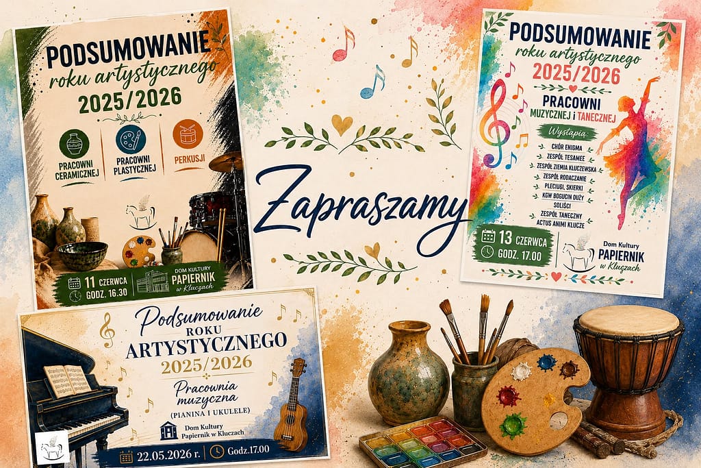 plakat informujący o podsumowaniach pracowni artystycznych które maja się odbyć w Domu Kultury Papiernik w Kluczach