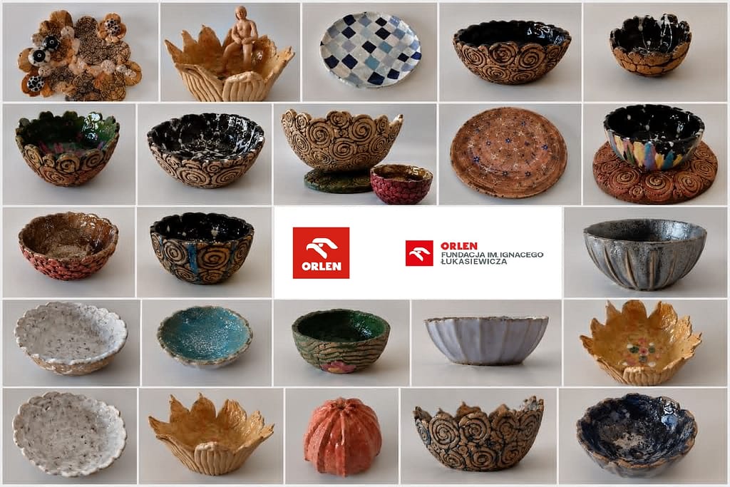 kolaż zdjęć przedstawiający prace wykonane podczas zajęć ceramicznych na zdjęciu misy miski i patery