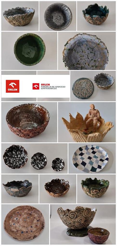 kolaż zdjęć przedstawiający prace wykonane podczas zajęć ceramicznych na zdjęciu misy miski i patery