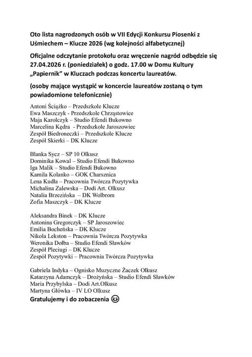 laureaci VII edycji Konkursu Piosenki z Usmiehem w kolejności alfabetycznej