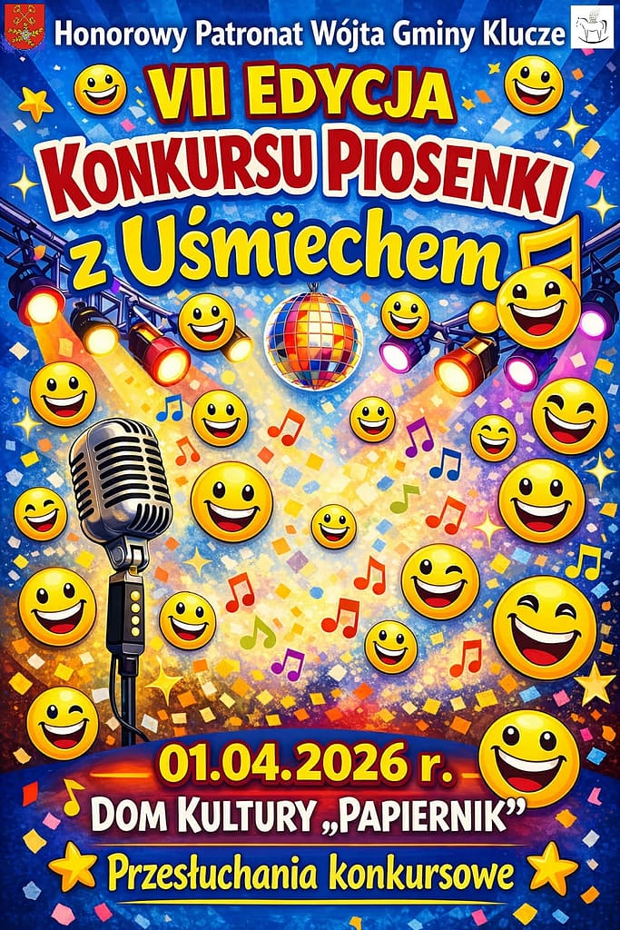 plakat informujący o przesłuchaniach konkursowych Piosenki z uśmiechem