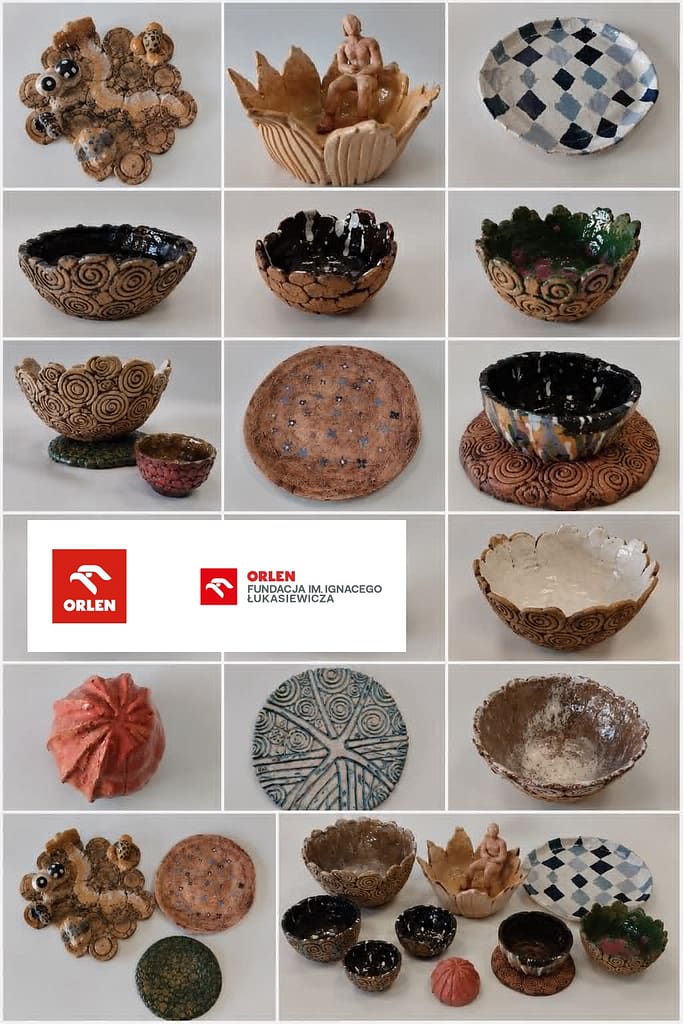 kolaż zdjęć przedstawiający prace wykonane podczas zajęć ceramicznych na zdjęciu misy miski i patery