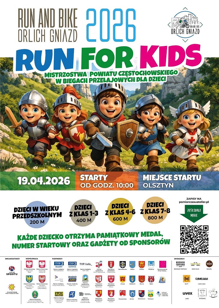 plakat informujący o wydarzeniu RUN AND BIKE ORLICH GNIAZD dla dzieci