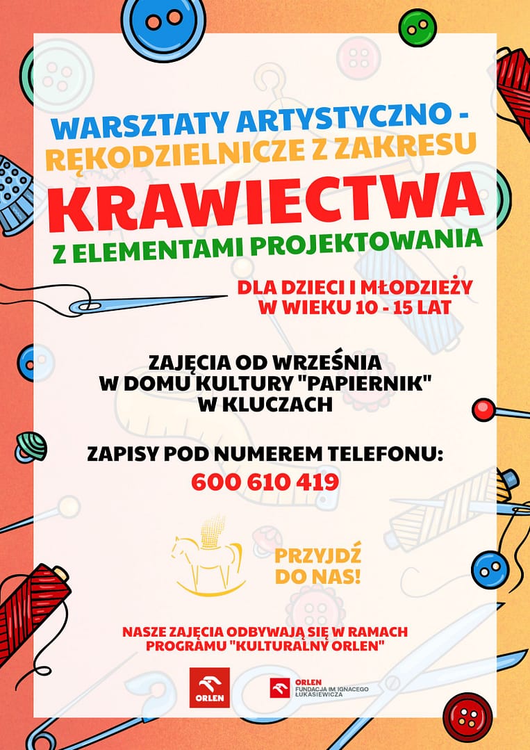 plakat zapraszający na zajęcia z krawiectwa