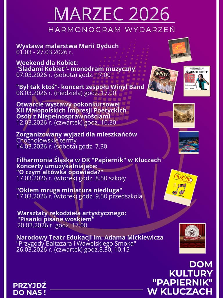 kalendarz imprez na marzec 2026 w Domu Kultury papiernik