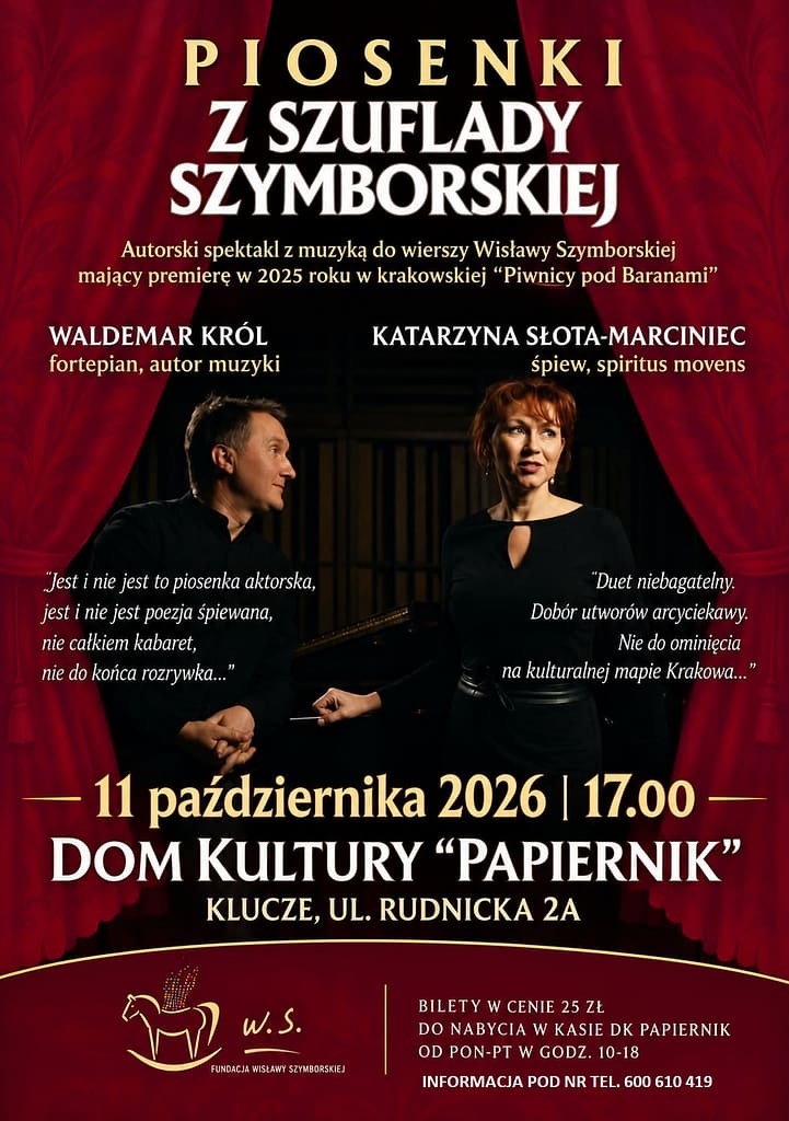 plakat przedstawiający zaproszenie na koncert pt. Piosenki z Szuflady Szymborskiej