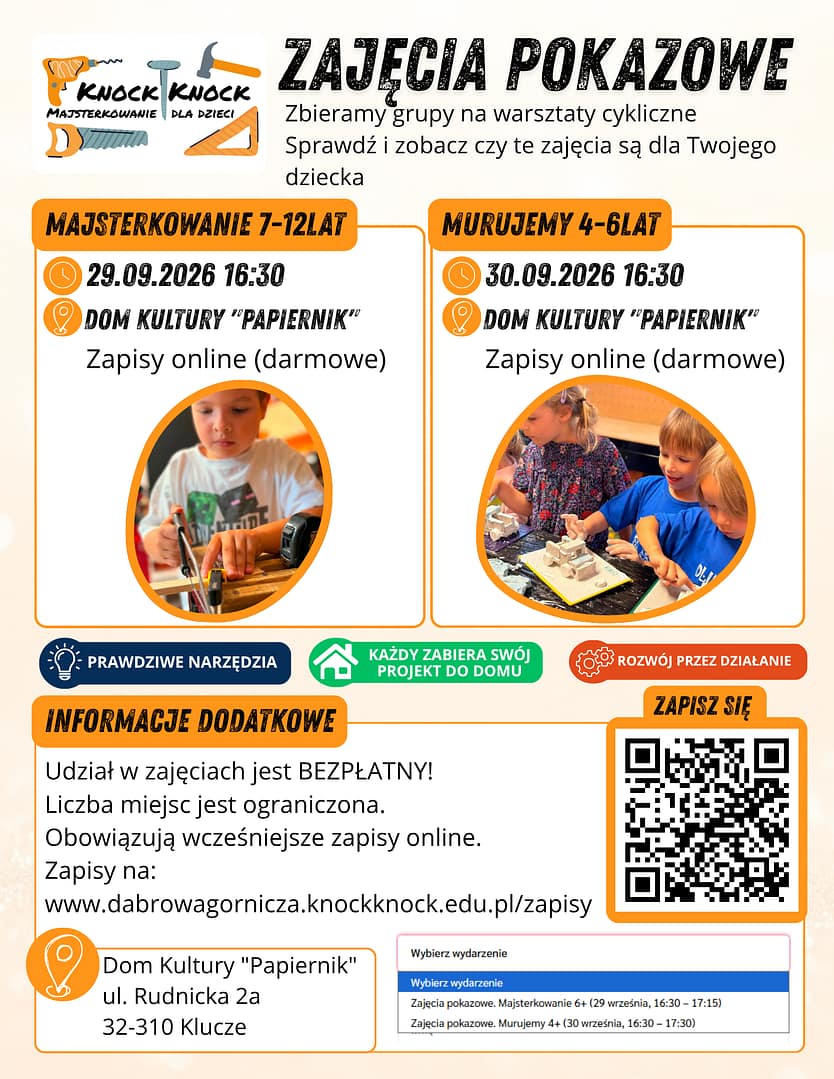 plakat informujący o warsztatach z murowania i majsterkowania